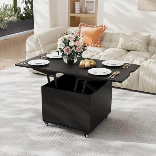 VOWNER Couchtisch Höhenverstellbar 120x60cm (Schwarz) | 3-in-1 Multifunktions-Wohnzimmertisch umwandelbar in Esstisch mit Stauraum