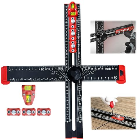 4-in-1 Drilling Positioning Ruler, Multi-Function T-Square，Adjustable 14 inches/35 cm, Woodworking Marking Tool, Cabinet Hole Drilling Template for Precise Drilling Angle Measurement and Marking
