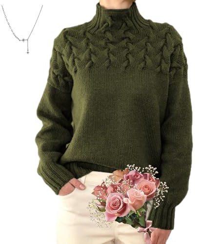 POIOZXD Suéter de cuello alto de cachemira, suéter de punto acogedor, suéter de punto trenzado de cachemira para mujer, suéter de punto suave y cálido, Ejercito Verde, XL