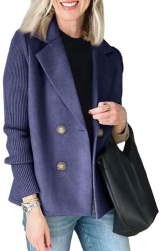 Generisch Blazer Damen Tweed Wollblazer Elegant Wolljacke Mit Knöpfen Wollmantel Einfarbig Damen-Blazer Patchwork Winterjacke Warm Übergangsjacke Winter Damenjacken Langarm Jacken Winddicht Casual