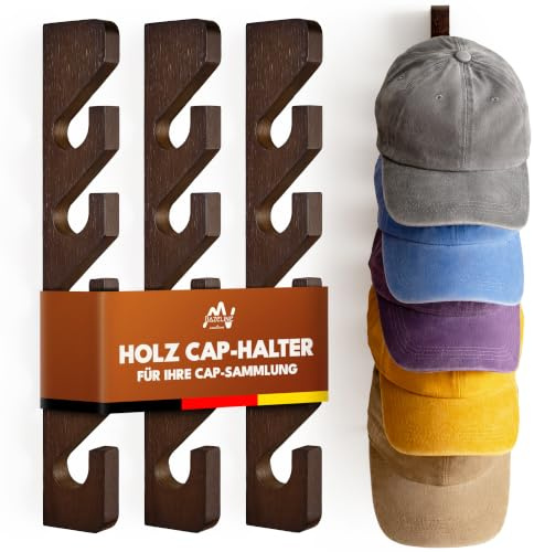 Bazeline Creations Cap Halter Bambus Holz, 3er-Set — Wandmontierter Kappenhalter aus Echtholz für Basecaps, Snapbacks & Schals