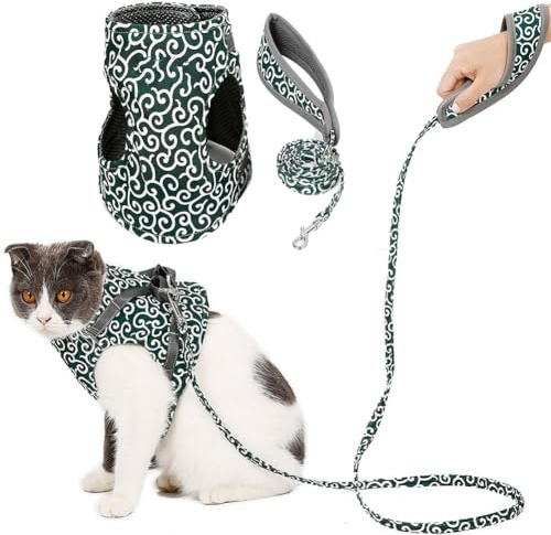Katzengeschirr und Leine, ausbruchsicher, bruchsicher, Brustgurt, Katzenkleidung, atmungsaktiv, einfache Kontrolle, weich, verstellbar, für Katzen, Kätzchen, kleine Hunde, Grün, Größe L