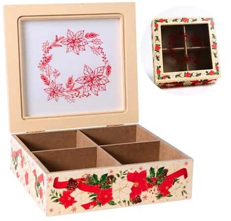 Générique Boîte à thé en Bois 4 Compartiments Collection Poinsettia Motif Floral Festifs Boîte de Rangement pour Sachets de thé et infusion Idée Cadeau Noël