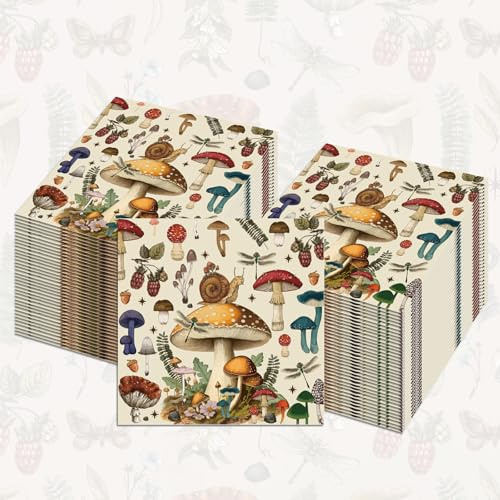 Ovanda 20 Stück Pilz Servietten (33 x 33 cm), Waldpilz Servietten, Vintage Gästeservietten Design Pilz, Herbst Pilze und Blätter, Pilze Partygeschirr, Waldpilz Thema Geburtstag Party, Herbst Tischdeko