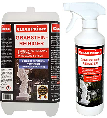 CleanPrince Limpiador de lápidas Limpiador de piedra de tumba 2.500 ml 2,5 Litros Anti Musgo Eliminador Algas Ex Piedra natural Excrementos de pájaros Agente Limpiador Limpieza Cardenillo