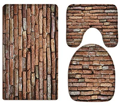 A.Monamour Badezimmer Badematte 3 Teilig Set Alter Roter Backsteinmauerhintergrund Flanell WC Toilette Deckel Deckt Bad Matte Teppich Badteppiche Badvorleger Badgarnitur Vorleger