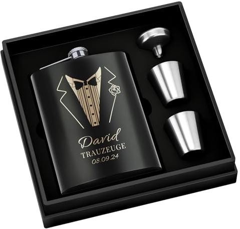 Personalisierter Flachmann mit Gravur Trauzeuge-Flachmann Set mit Becher und Trichter für Hochzeit Wandern-Personalisierter Flachmann für Männer,Bräutigam,Golfer (8oz/237ml, Schwarz)