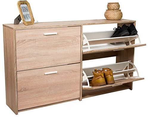 COSTWAY Schuhschrank mit 4 Klappen, Schuhkipper freistehend, Schuhkommode für 16-24 Paar Schuhe & Hausschuhe, Schuhablage für Flur & Eingangsbereich & Wohnzimmer & Garderobe, Schuhregal (Eiche)