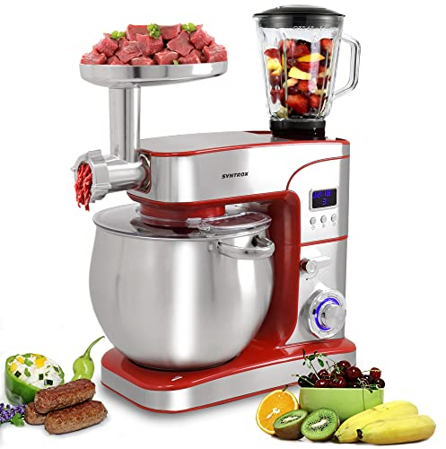 Syntrox Germany KM-2000W de Luxe Paris Küchenmaschine Knetmaschine Mixer Fleischwolf, Edelstahl-Behälter, 12 Liter in Rot