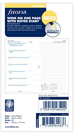 Filofax Terminplaner für 2023, 1 Woche pro Seite mit Notizen, 5 Sprachen