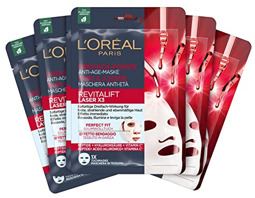 L'Oréal Paris Anti-Aging-Tuchmasken mit Dreifachpower für Frauen: für feste, strahlende und ebenmäßige Haut mit Pro-Retinol, Vitamin C und Hyaluronsäure, RevitaLift Laser X3, Tuchmaske Set 5x