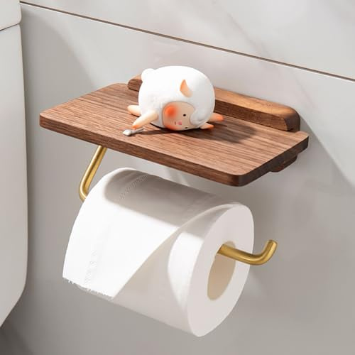 Toilettenpapierhalter Holz, Ohne Bohren Klopapierhalter mit Ablage, Selbstklebend oder Wandmontage, Klorollenhalter WC Papier Halterung Rollenhalter Toilet Paper Holder Toilettenrollenhalter Eiche