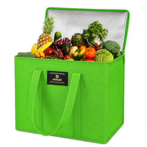 Adalex Global Isolierte wiederverwendbare Einkaufstasche, Einkaufstasche mit Reißverschluss oben für den Transport von heißen und kalten Lebensmitteln, Kühltasche für Picknick, Wein, steht aufrecht