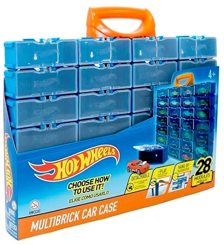 Hot Wheels Multibrick car case I Stores up to 28 cars I Connects with tracks I Play and Build, Multi-Coloured (HWCC8C) - Includes a carry handle
