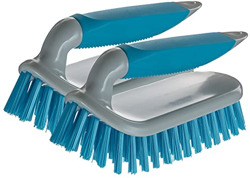 NCaan 2pk Deluxe Hand Scrubbing Brush Heavy Duty with Stiff Bristles & Non-Slip Soft Grip Handle-Household Cleaning Brush for Indoor & Outdoor, Bathroom, Kitchen, Carpet, Floor, Bath,Car (Blue, 2)