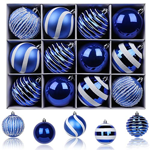 SHareconn Weihnachtskugeln Ornamente, 80 mm, 12 Stück, farbige, bruchsichere Kunststoffkugeln, dekoratives Baumschmuck-Set für Weihnachtsbaum, Urlaub, Party, Hochzeit mit Haken, Blau & Weiß