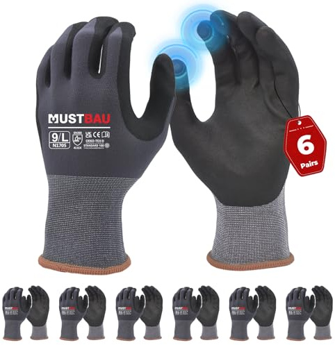 Mustbau 6 Paires Gants de Travail à Écran Tactile, Gants Nitrile Résistants à l'Abrasion, Excellente Préhension Convient pour Jardinage, Mécanique, Chantier (Gris,L)