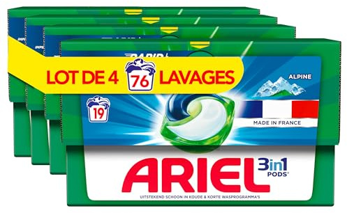 Ariel 3en1 PODS, Lessive Liquide Capsules, 76 Lavages (4x19 Tablettes), Alpine, Élimine Les Taches Incrustées, Même Après 7 Jours, Impeccable Même En Cycle Court Et À Froid, Fabriqué En France