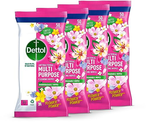 Dettol Flower Power Antibacterial Multipurpose Biodegradable Cleaning Wipes | Peony & Rose Fragrance | Limited Edition | 50s (Pack of 4)