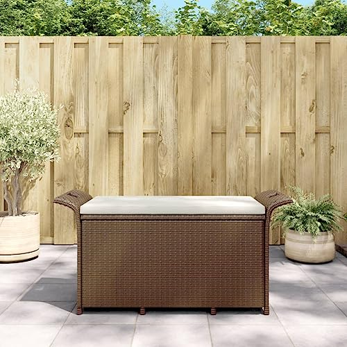 Homgoday Gartenbank mit Kissen Sitzbank Parkbank Gartenbank Truhenbank mit Stauraum Gartensofa Ruhebank Terrassenbank für Garten Balkon und Terrasse Braun 116x46x57 cm Poly Rattan