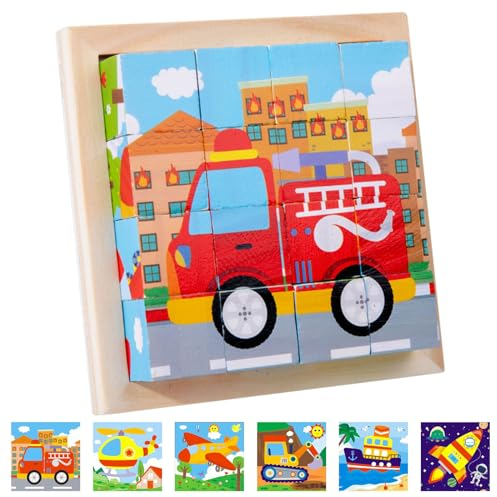 Bilderwürfel Holz, Holzpuzzle 3D Würfelpuzzle Puzzlespiele, Würfelpuzzle Holz mit 16 Würfel Holzspielzeug für Kinder ab 2 3 4 Jahren, Holzpuzzle Montessori Spielzeug für Jungen Mädchen (A)