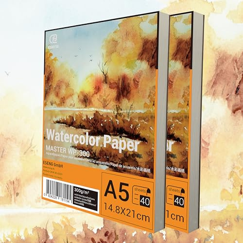 ESENG® Papier aquarelle de qualité supérieure DIN A5 - 2 x 40 feuilles/bloc - 300 g/m² - Blanc - Bloc de papier pour aquarelle, dessin, peinture