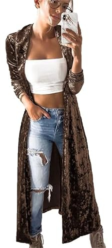 Suncolour Maxi Cardigan Lungo in Velluto da Donna Maxi Cardigan con spolverino Aperto sul Davanti in Velluto