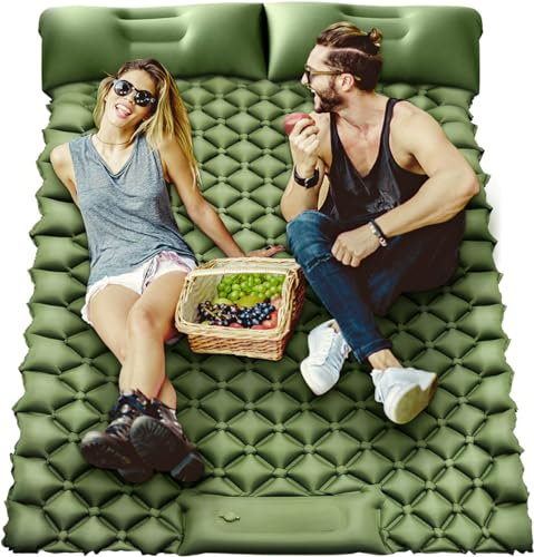 Selbstaufblasende Doppel-Campingmatte, 199,9 x 125 x 8,9 cm, Campingmatratze mit integriertem Kissen, Luftmatratze, selbstaufblasend, Outdoor-Campingmatte, Schlafmatte, für Outdoor-Wandern, Armeegrün