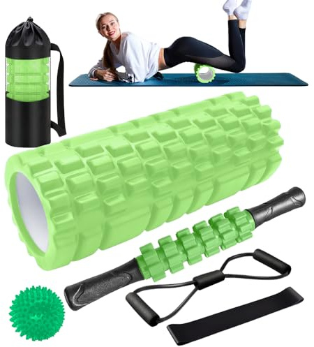 Rullo Massaggio Muscolare, Qveetry 6 in 1 Foam Roller Rullo in Schiuma Pallina Massaggiante Bastone Massaggio bande di resistenza per Stretching Yoga Pilates Rilascio Miofasciale (Verde)