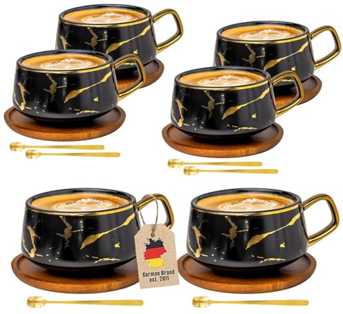 INTIRILIFE Tassen Set 6er – Keramiktassen im Marmor Design Schwarz mit Gold – 200 ml bis 300 ml – Kaffeetassen mit Holzuntersetzer– Teetassen Geschenkidee für Kaffee Tee Kakao Milch-Trinkbecher