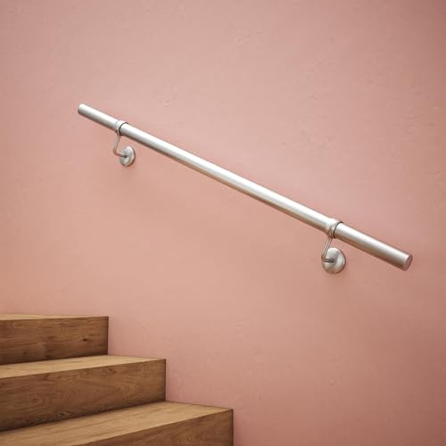 Rothley Brushed Stair Hand Rail Kit 1.2M - Internal Staircase Steel Banniser, KDP1200 | Includes wall brackets, end caps and Fischer wall plugs for quick, no-drill installation with rust-resistant durability.