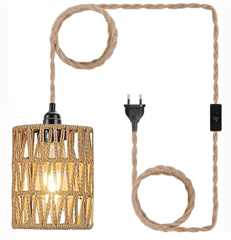 Boho Rattan Hängelampe mit Stecker Vintage Pendelleuchte E27 | Zylinder Lampenschirm Hängeleuchte, Esstischlampe Industrie , 450cm Hängende Kabel, für Schlafzimmer Küche Esstisch