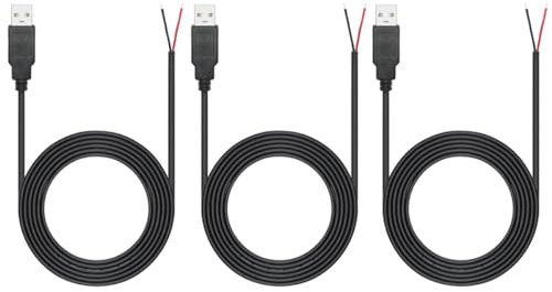 Greluma 3 Stück 2 m USB-Schweineschwanz, 2-adriges USB 2.0-Kabel, 22 AWG, offenes Ende mit blankem Draht, 2 m USB-Stecker, 12 V, 3 A