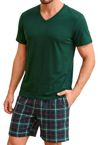 Bresdk Pyjama Homme Court en Coton 2 Pièces Haut Col V Short à Carreaux | Ensemble loungewear d'été doux en coton. Short à carreaux imprimé avec ceinture élastique, cordon et 2 poches