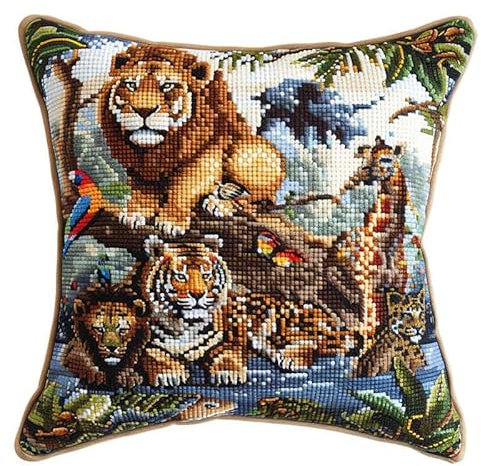 kitphoenix Latch Hook Kissen Kit, Tier Knüpfkissen Set Für Anfänger Erwachsene Oder Kinder Zum Selber Knüpfen,Tier Elefant Tiger Löwediy Knüpfteppich Knüpfpackung, Knüpfhaken Set 43 X 43 Cm