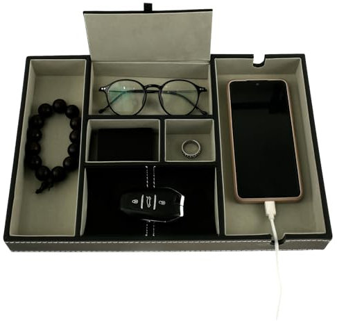 Ablage Tablett, Valet Tablett mit 6 Fächer, PU-Leder Nachttisch Organizer, Taschenleerer Leder, Nachttisch Ablageschale, Valet-Tablett aus Nachttisch, Kunstleder Büro Aufbewahrungsbox für Schlüssel