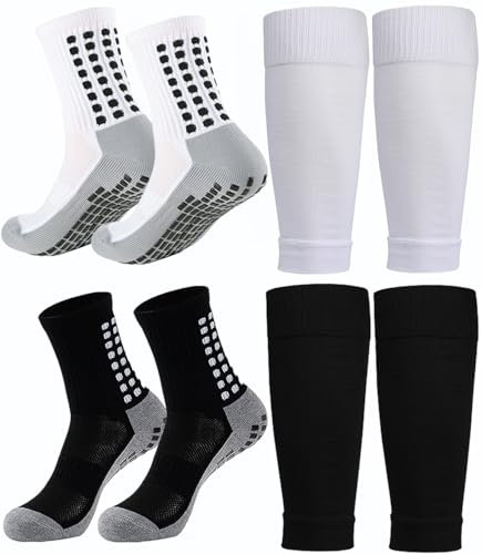 2 Set Soccer Grip Socks,Shin Guard Sleeves for Football Basketball for Men and Women One Size (2 Set (Black+White))