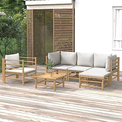 Willood 6-TLG. Garten-Lounge-Set mit Hellgrauen Kissen Bambus 2xcorner+Middle+Chair+footrest+Table