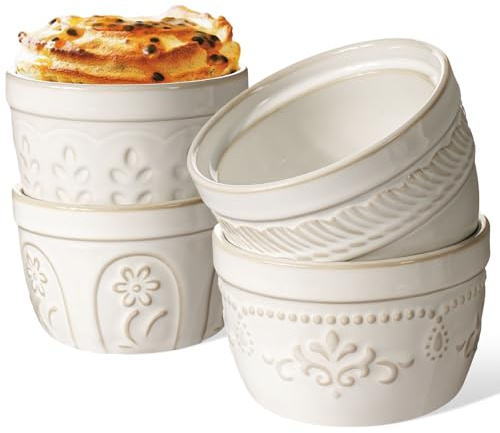 Artena Ramekins Oven Safe, Creme Brulee Ramekins, Embossed White Ceramic Ramiken, Souffle Pudding Custard Cups, Baking Dish, Dipping Bowls, Sauce Cups, Set Of 4 (Multiple Patterns, 8 oz)