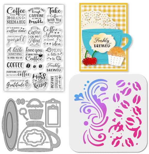 GLOBLELAND Tampons Transparents en Silicone pour Tasse à Café Étiquette Métallique Motif de Fond Découpe Mots Peinture PET Pochoirs Artisanaux Modèle pour la Fabrication de Cartes et le Scrapbooking