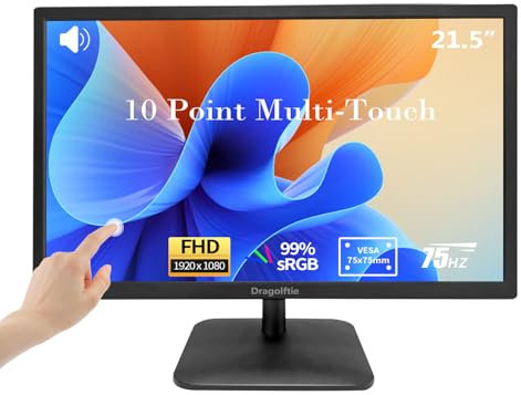 Dragolftie Touchscreen Computer Monitor 21.5 Inch FHD 1920x1080P, Built-in Speakers, VESA Supports, 10-Points Touch Screen PC Display with Type-B HDMI VGA Port, 75Hz Desktop Touch Display, Black