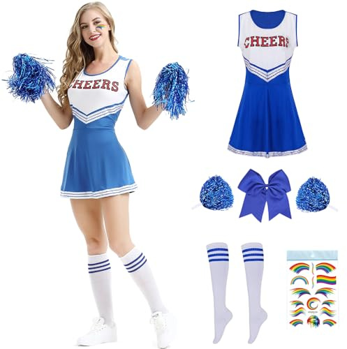 PASLFC Cheerleader Kostüm Damen für Erwachsene,Cheerleading outfit,Cheerleadering Outfit,High school musical cheerleader kostüm,Cheerleader Pompoms für Karneval Party Cosplay Fasching Halloween