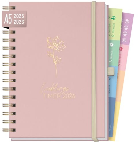 Häfft® Lieblings-Timer Deluxe Ringbuch Kalender 2025/2026 A5 Rosé Canvas Wochenplaner 17 Monate: Aug. 25 bis Dez. 26 - Leinen-Hardcover Terminkalender, Terminplaner - nachhaltig & klimafreundlich