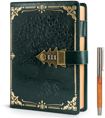 WEMATE Lock Journal with Pen & Gift Box, A5 260 Pages, Refillable, Hardcover Leather Password Notebook for Writing,Vintage Lock Diary for Women, Girls, Men, Students, 8.6 x 5.8 in (green)
