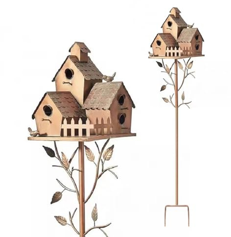 Párese de la Casa de Pájaros para el Exterior con Poste, Soporte de Casa de Pájaros de Metal Angustiado, Comedero de Pájaros Salvajes de Metal, Casas de Pájaros de Pájaros de (E)