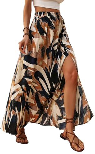 Floerns Women's Summer Tropical Print Slit Long Skirt Elastic High Waist Flowy Maxi Skirt Multicolor Small