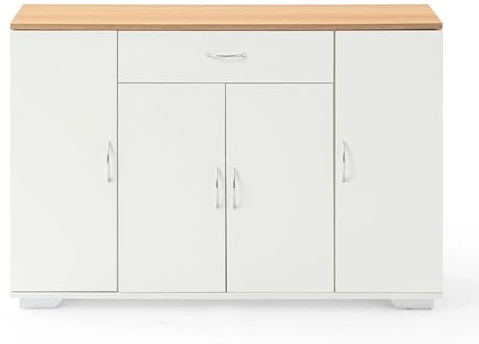 Xisilla Comò bianco con 1 cassetto e 4 ante - Mobiletto da camera da letto con decorazione in legno per soggiorno/corridoio, mobile per la conservazione moderno