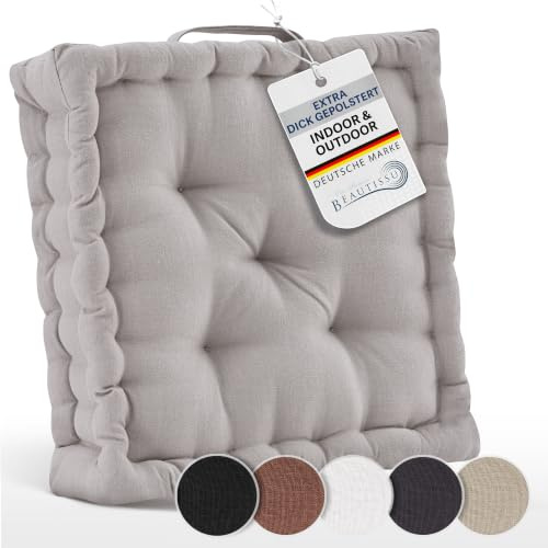 Beautissu 2er Set Bodenkissen Sitzkissen aus Baumwolle mit Tragegriff | 50x50cm 10cm dickes Matratzenkissen Taupe 100% Stuhlkissen extra dicke Sitzauflagen Boden Indoor Outdoor Sitzpolster Mila