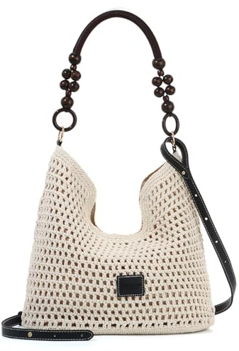 BWBIKE Sac de Plage en Paille Boho pour Femmes - Sac Fourre-Tout en Coton Tricoté au Crochet, Sac à main d’épaule d’été et Sac à main à Bandoulière pour les Voyages et les Vacances