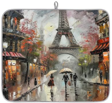 Paris France - Tapete de secado de platos de pintura al óleo de la Torre Eiffel para encimera de cocina, tapete absorbente para máquina de café, tapete escurridor de platos de microfibra
